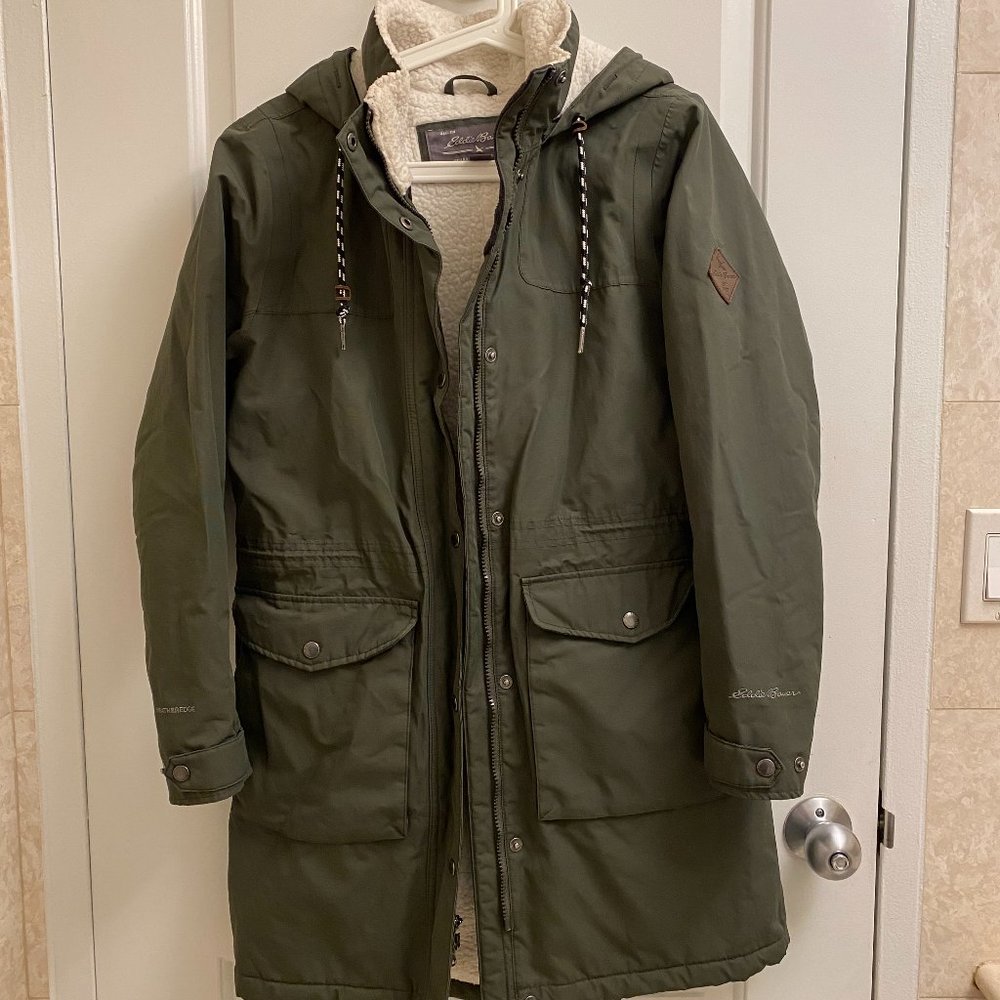 Eddie Bauer Women's Olive Green Parka with Faux Sherling/Wool Lining